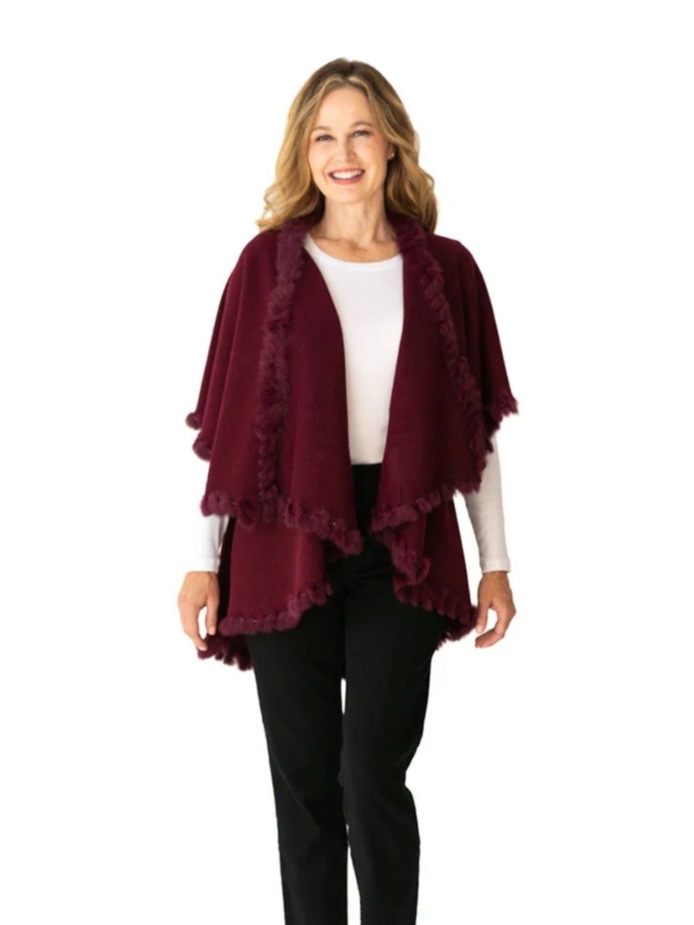 Heidi Kagan Designs Burgundy Shawl with Fur trim one Size